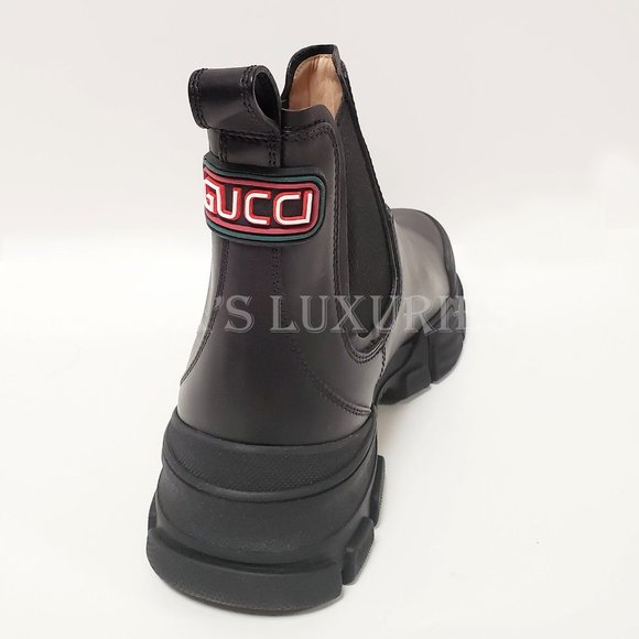 GUCCI MENS BOOTS LEON ANKLE CHELSEA LOGO BACK BLACK LEATHER sz 9G 9.5 US - Picture 5 of 14